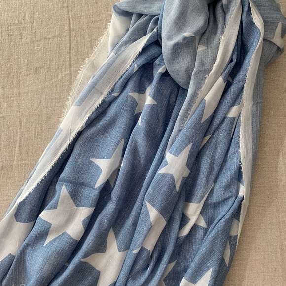 STELLA MCCARTNEY Blue Silk Scarf, Star ⭐️ Motif with Fringe Ends - Picture 10 of 14